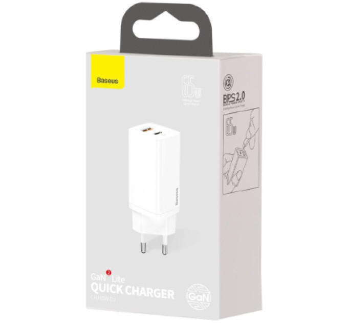 Baseus Зарядний пристрій Baseus 2xUSB 65W GaN (USB-C+USB-A) white (CCGAN2L-B02)