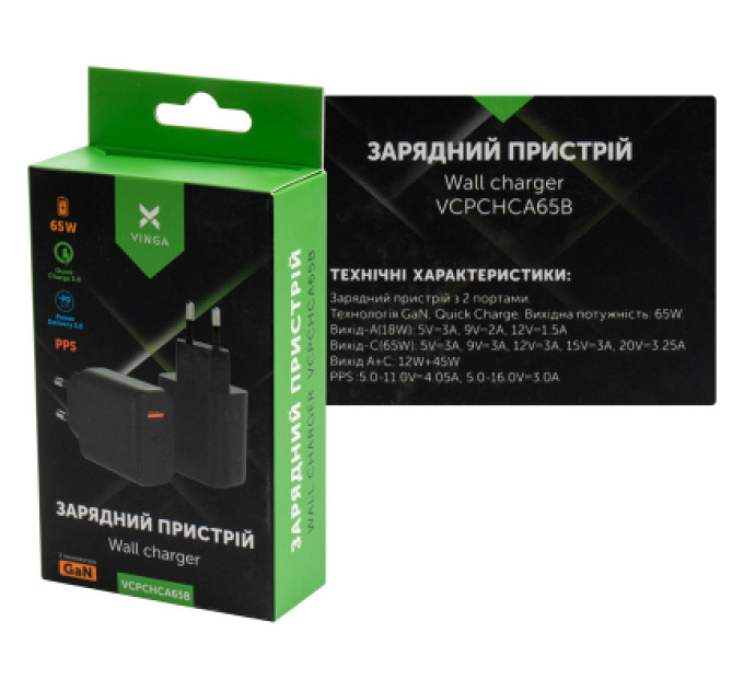 Vinga Зарядний пристрій Vinga GaN 65W PD+QC 1C1A ports Wall Charger (VCPCHCA65B)
