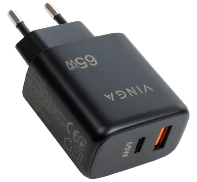 Vinga Зарядний пристрій Vinga GaN 65W PD+QC 1C1A ports Wall Charger (VCPCHCA65B)