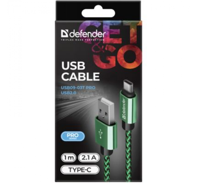 Defender Дата кабель USB 2.0 AM to Type-C 1.0m USB09-03T PRO green Defender (87816)