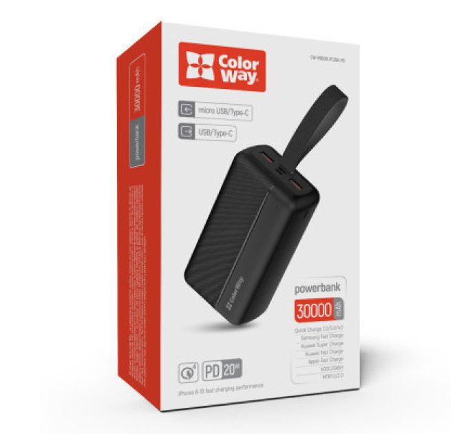 ColorWay Батарея універсальна ColorWay 30 000 mAh High-power 2 PD/20W, QC/3.0, USB-C/Micro-USB (CW-PB300LPC2BK-PD)