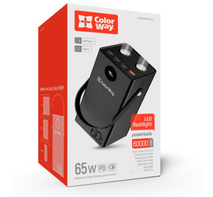 ColorWay Батарея універсальна ColorWay 60 000 mAh Powerful PD/65W, QC/4.0, AFC, FCP, Black (CW-PB600LPA5BK-PDD)