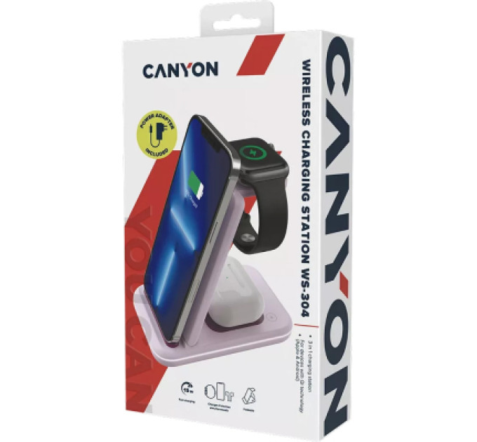 Canyon Зарядний пристрій Canyon WS-304 Foldable 3in1 Wireless charger Iced Pink (CNS-WCS304IP)