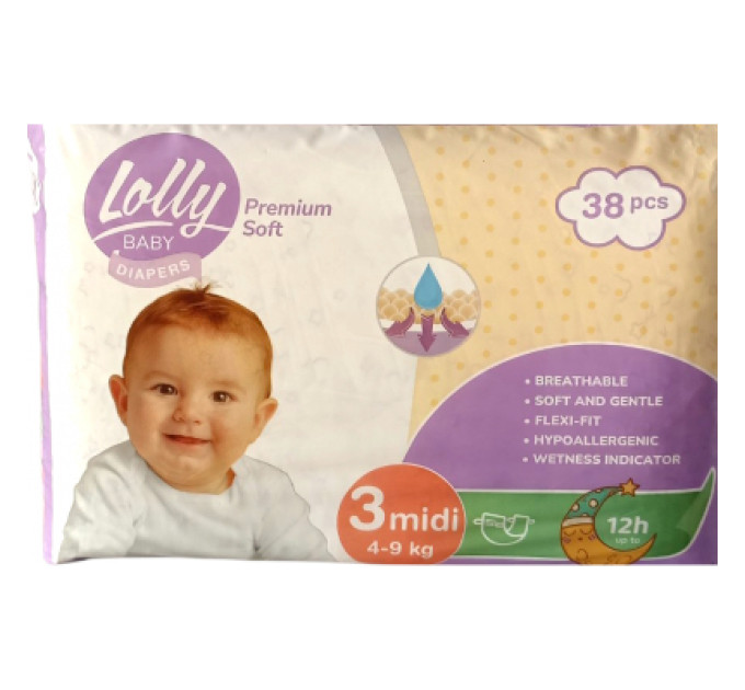 Lolly Підгузки Lolly Premium Soft Midi 3 (4-9 кг) 38 шт (4820174981150)