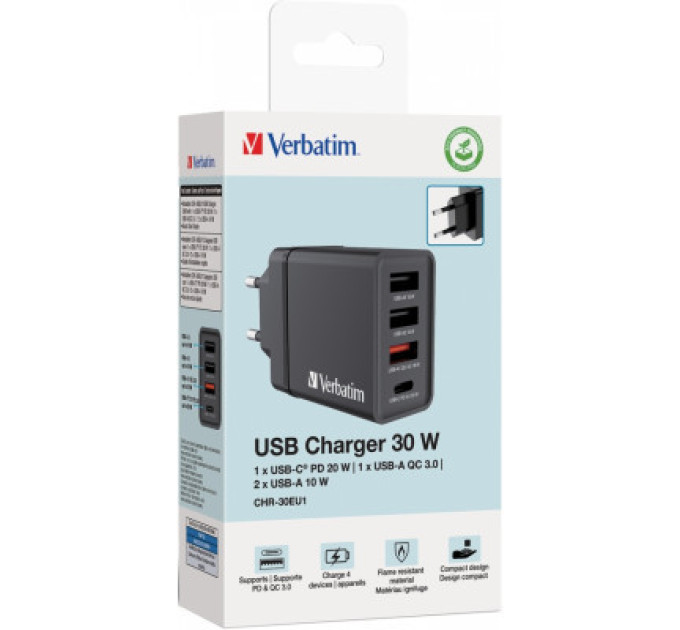 Verbatim Зарядний пристрій Verbatim USB 30W PD3.0 4-ports black (49700)