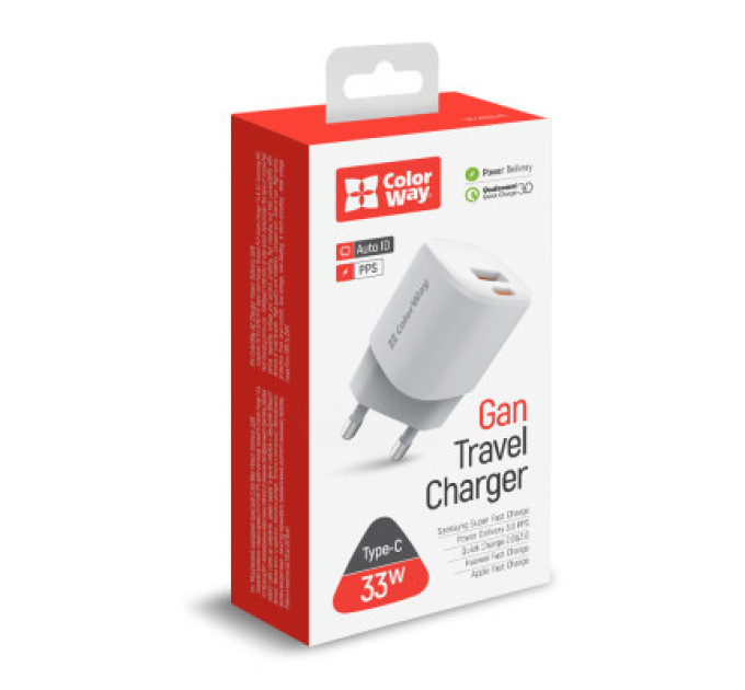 ColorWay Зарядний пристрій ColorWay GaN PD Port USB PPS (Type-C PD + USB QC3.0) (33W) white (CW-CHS043PD-WT)