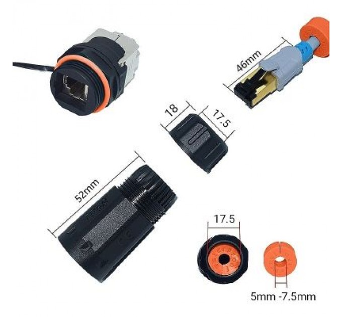 LW Конектор RJ45 водонепроникний IP68, cat.6A SFP, промисловий, комплект LW (LW-WPKJ-002B)