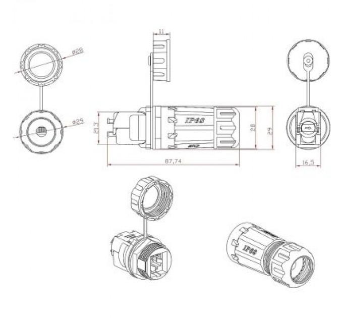 LW Конектор RJ45 водонепроникний IP68, cat.6A SFP, промисловий, комплект LW (LW-WPKJ-002B)