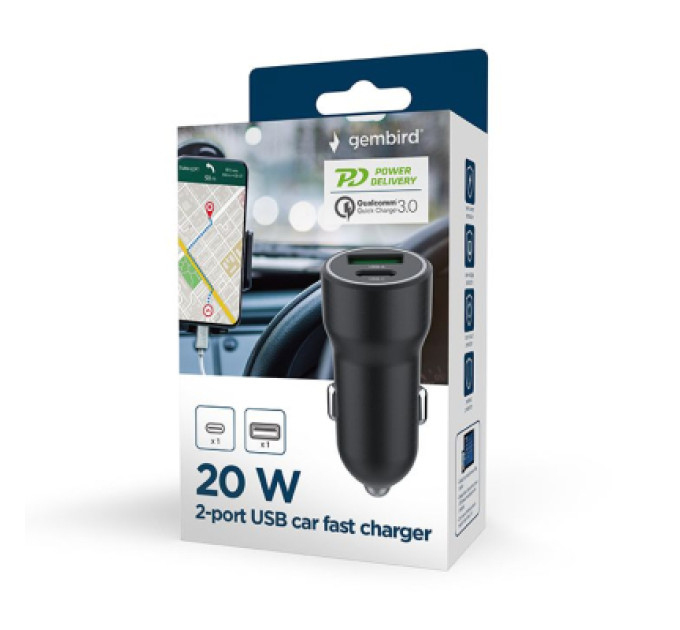 Gembird Зарядний пристрій Gembird 1xUSB-A (18W QC3.0) + 1xUSB-C (20W PD) black (TA-UC-A2PDQC20-CAR-01)