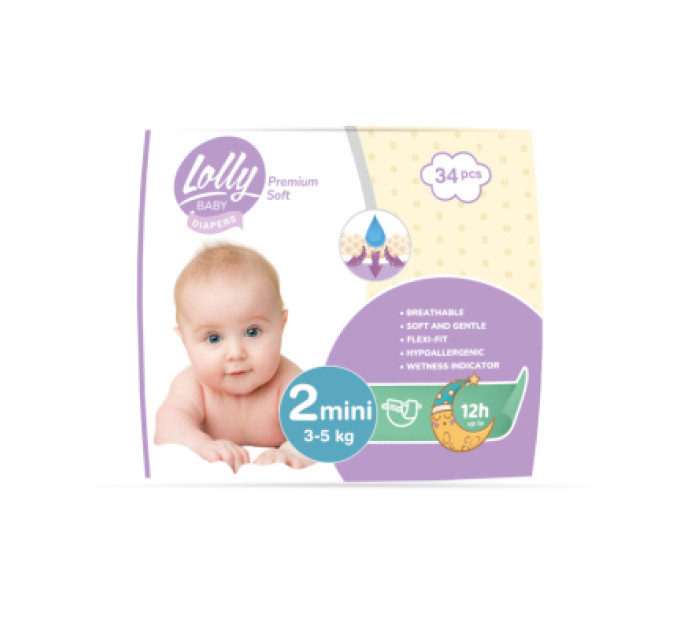 Lolly Підгузки Lolly Premium Soft Mini Розмір 2 (3-5 кг) 34 шт (4820174981143)