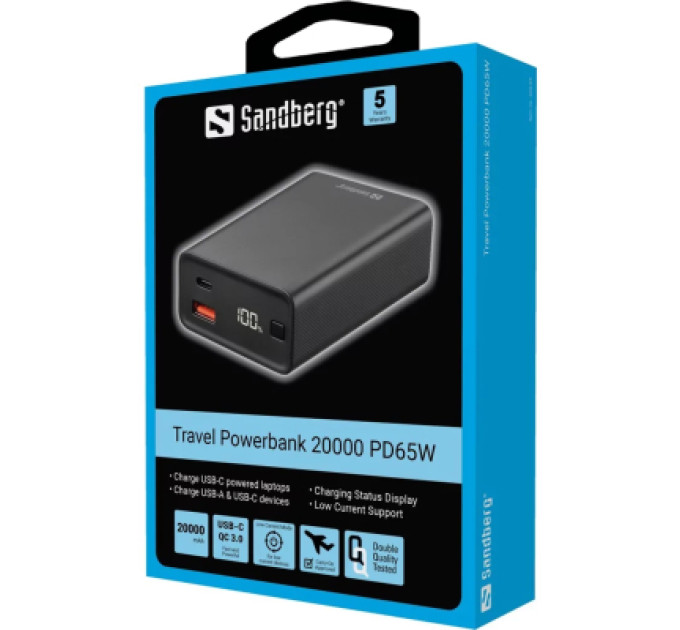 Sandberg Батарея універсальна Sandberg 20000mAh, PD/65W, QC/3.0, low carrent mode, +cable 100W (420-95)