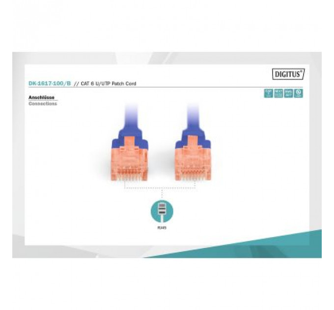 Патч-корд 10м, CAT 6 UTP, AWG 26/7, Cu, LSZH, blue Digitus (DK-1617-100/B)