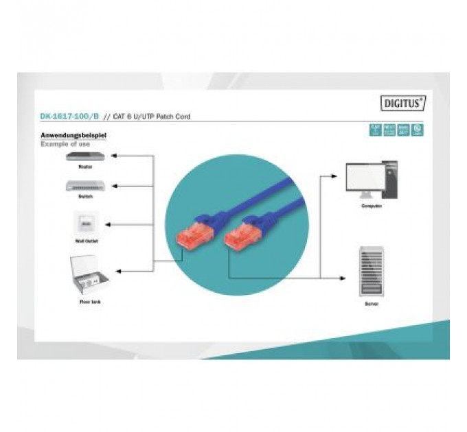 Патч-корд 10м, CAT 6 UTP, AWG 26/7, Cu, LSZH, blue Digitus (DK-1617-100/B)