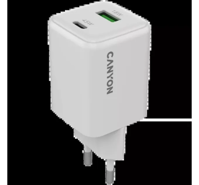 Canyon Зарядний пристрій Canyon CU45AC GaN 45W 1xPD 1xQC EU White (CNS-CUW45AC)
