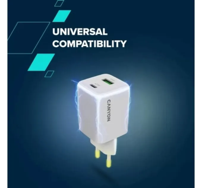 Canyon Зарядний пристрій Canyon CU45AC GaN 45W 1xPD 1xQC EU White (CNS-CUW45AC)