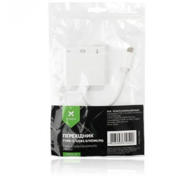 Концентратор Vinga Type-C to HDMI+USB3.0+Type-C PD (VCPATC2HDMIUSBPDWH)