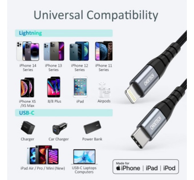 Choetech Дата кабель USB-C to Lightning 2.0m MFI Choetech (IP0041-BK)
