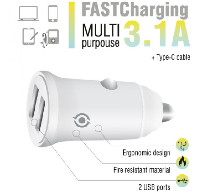 Piko Зарядний пристрій Piko CC-312 (2USB3,1A) + USB-C cable (1283126538803)