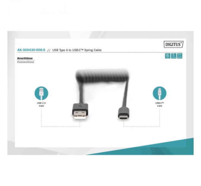 Digitus Дата кабель USB 2.0 AM to Type-C 1.0m (0.32m) spiral black Digitus (AK-300430-006-S)