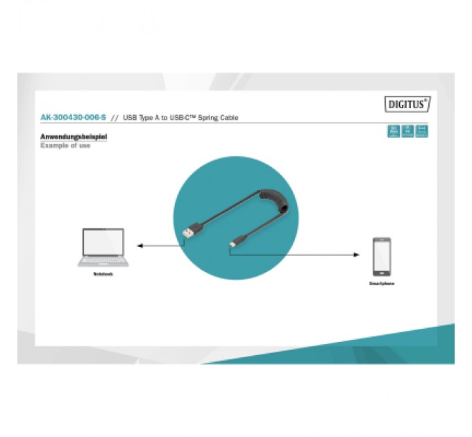 Digitus Дата кабель USB 2.0 AM to Type-C 1.0m (0.32m) spiral black Digitus (AK-300430-006-S)