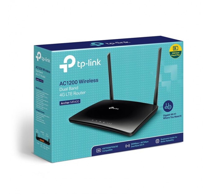 Беспроводной маршрутизатор TP-Link Archer MR400 (AC1200, 1xFE WAN, 3xFE LAN, 1xSimCardSlot, 2 антенны LTE)