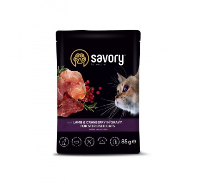 Savory Вологий корм для кішок Savory ягня з журавлиною у соусі для стерилізованих 85 г (4820261920093)