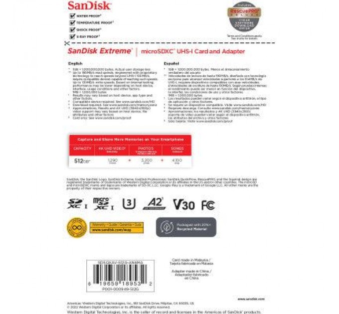 SanDisk Карта пам'яті SanDisk 512GB microSD class 10 UHS-I U3 V30 Extreme (SDSQXAV-512G-GN6MA)