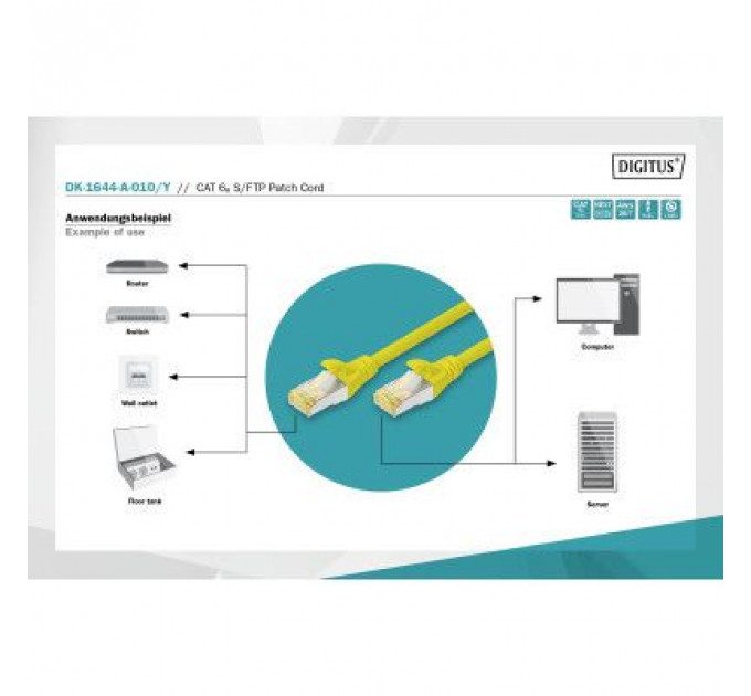 Патч-корд 1м, CAT 6a S-FTP, AWG 26/7, Cu, LSZH, yellow Digitus (DK-1644-A-010/Y)