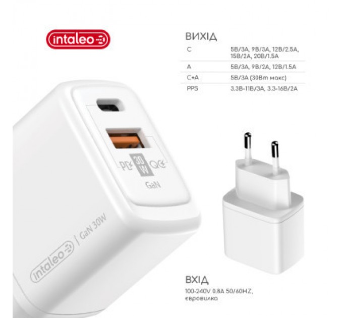 Intaleo Зарядний пристрій Intaleo 30W GAN USB-C PD+USB-A QC 3.0 white (1283126578274)