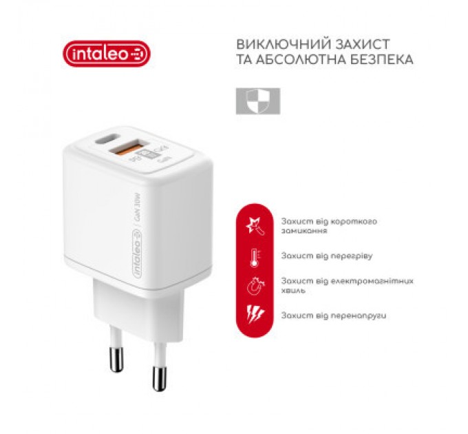 Intaleo Зарядний пристрій Intaleo 30W GAN USB-C PD+USB-A QC 3.0 white (1283126578274)