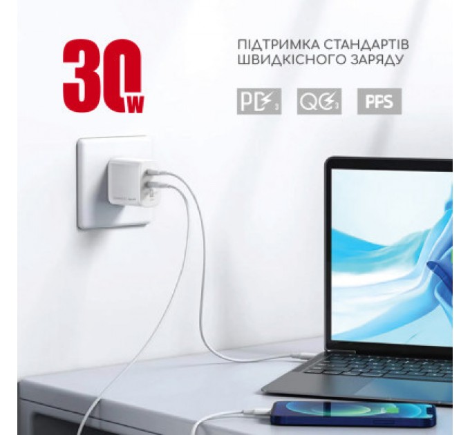 Intaleo Зарядний пристрій Intaleo 30W GAN USB-C PD+USB-A QC 3.0 white (1283126578274)