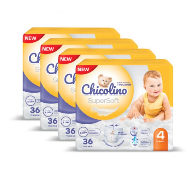 Chicolino Підгузки Chicolino Super Soft Розмір 4 (7-14 кг) 36 шт, 4 Упаковки (4823098414650)