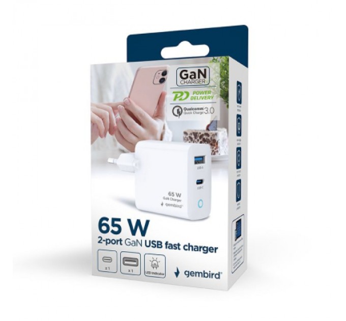 Gembird Зарядний пристрій Gembird 1хUSB-A (QC3.0 18W) + 1xType-C (PD 65W) white (TA-UC-PDQC65L-W-01)