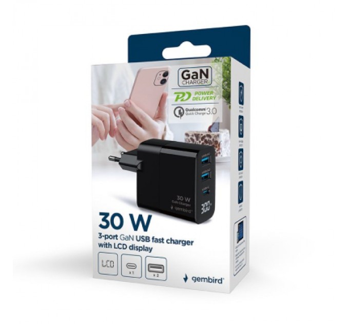 Gembird Зарядний пристрій Gembird 2хUSB-A (QC3.0 18W) + 1хType-C (PD20W) LCD black (TA-UC-PDQC30LCD-BK-02)