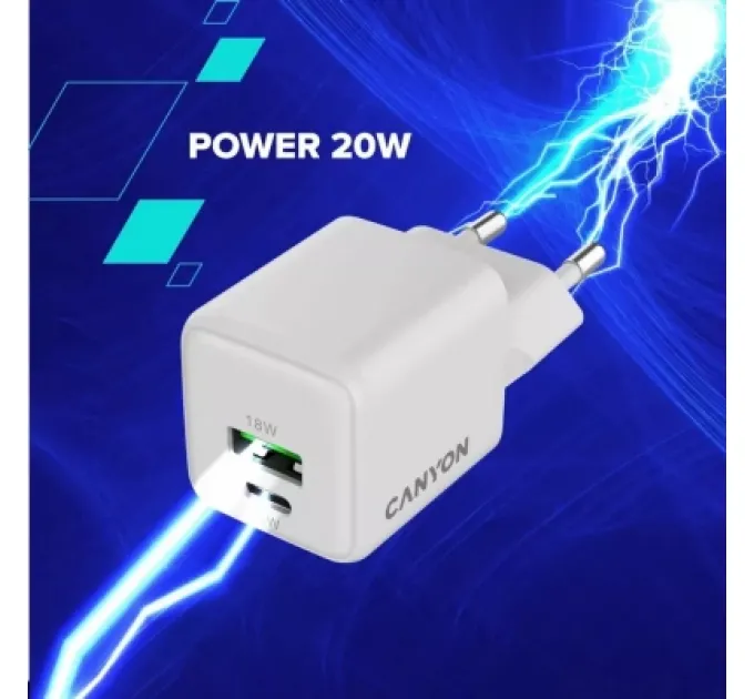 Canyon Зарядний пристрій Canyon CU20AC GaN 20W 1xPD 1xQC EU White (CNS-CUW20AC)