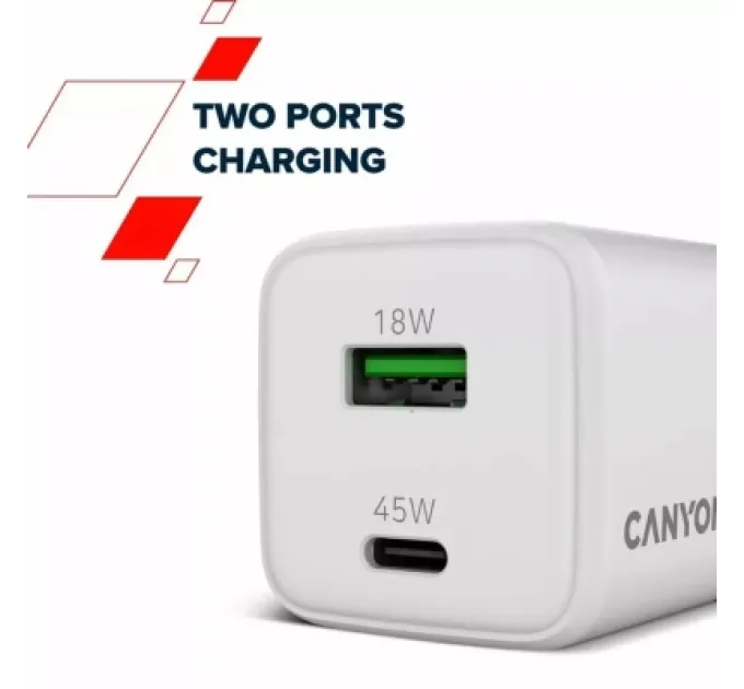 Canyon Зарядний пристрій Canyon CU45AC GaN 45W 1xPD 1xQC EU White (CNS-CUW45AC)