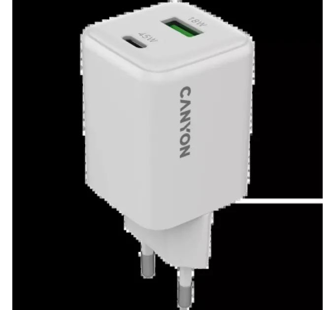 Canyon Зарядний пристрій Canyon CU45AC GaN 45W 1xPD 1xQC EU White (CNS-CUW45AC)