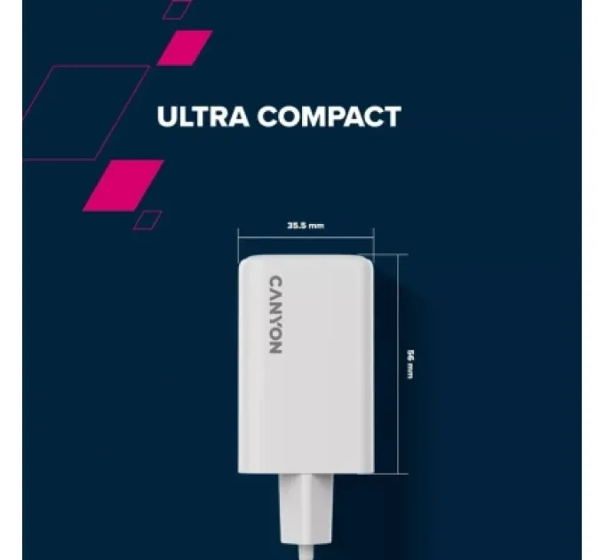 Canyon Зарядний пристрій Canyon CU65ACC GaN 65W 2xPD 1xQC EU White (CNS-CUW65ACC)