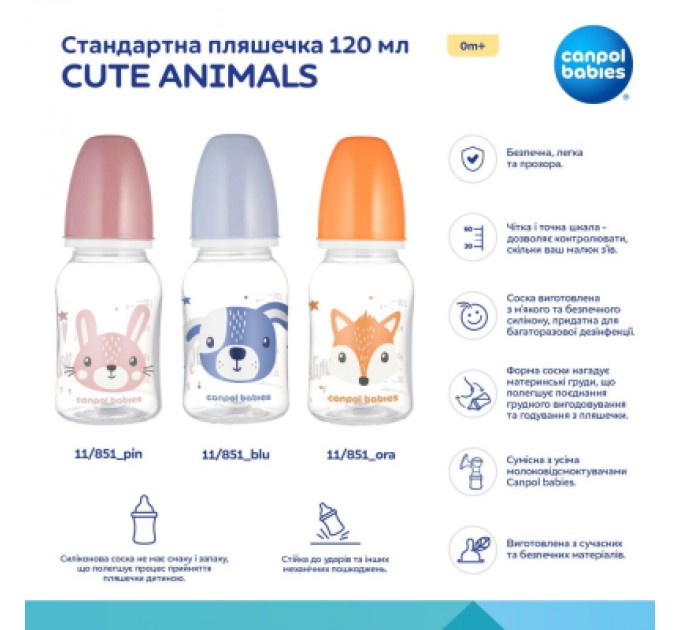 Canpol babies Пляшечка для годування Canpol babies Cute Animals стандартна 120 мл рожева рожев (11/851_pin)