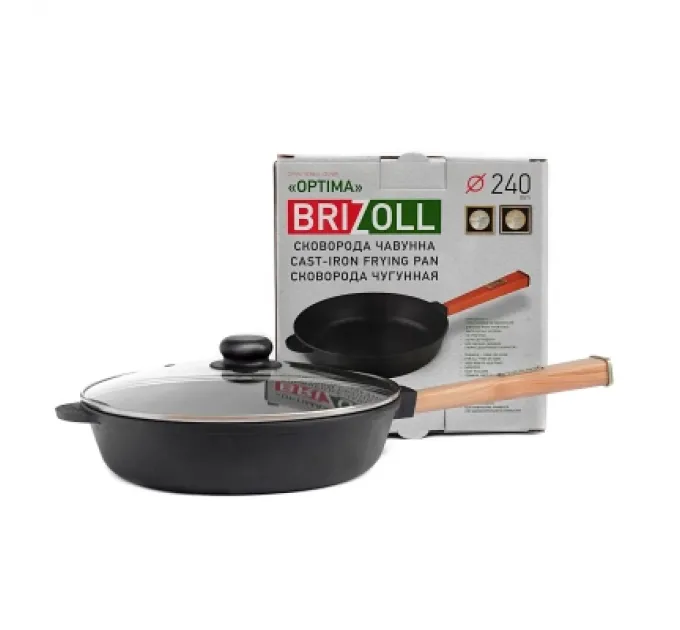 Brizoll Сковорода Brizoll Optima чавунна з ручкою та скляною кришкою 240х60 мм (O2460-P-C)