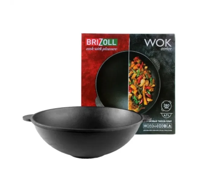 Brizoll Сковорода Brizoll чавунна WOK з чавунною кришкою 3,7 л 280х96 мм (W28-1)