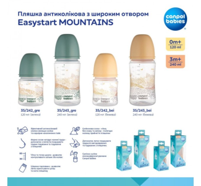 Canpol babies Пляшечка для годування Canpol babies Easystart MOUNTAINS антиколікова з широким отвором 120 мл зелена (35/242_gre)