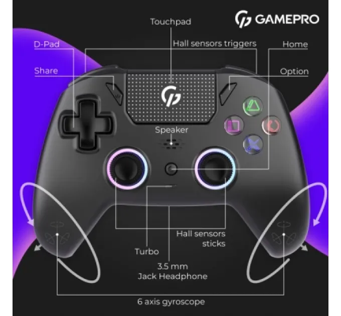 GamePro Геймпад GamePro GPS13B BT 5.3/USB/PC/iOS/Android/PS3/PS4 RGB Black (GPS13B)