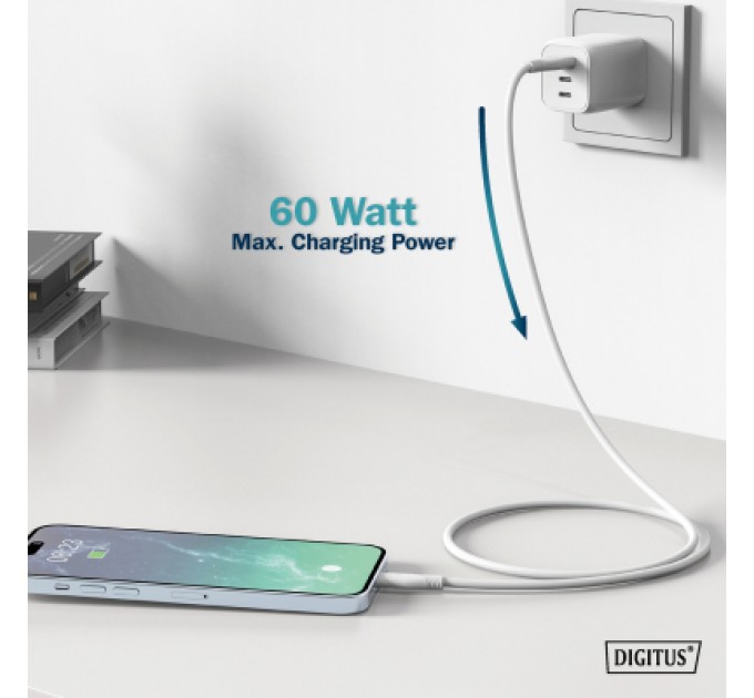 Digitus Дата кабель USB 2.0 AM to Type-C 2.0m 60W white Digitus (AK-300340-020-W)