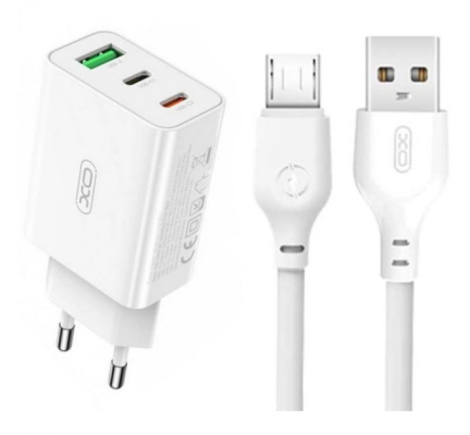 XO Зарядний пристрій XO L101 PD + QC3.0 (1USB/2Type-C/20W) + USB - MicroUSB White (XO-L101-WH)