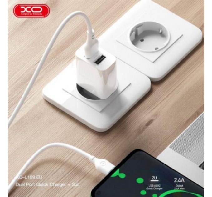 XO Зарядний пристрій XO L109 12W (2USB/2.4A) + USB - Lightning White (XO-L109-L)
