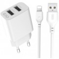 XO Зарядний пристрій XO L109 12W (2USB/2.4A) + USB - Lightning White (XO-L109-L)