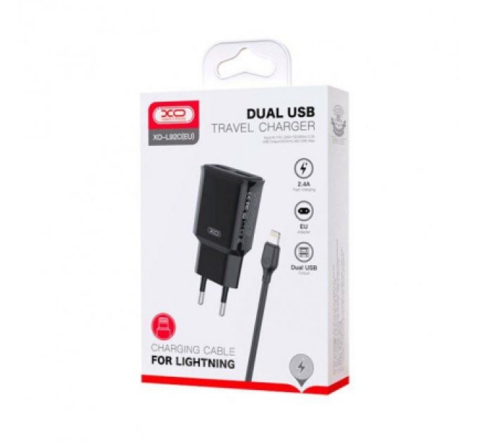 XO Зарядний пристрій XO L92C (2USB/2.4A) + USB - Lightning Чорний (XO-L92C-L)