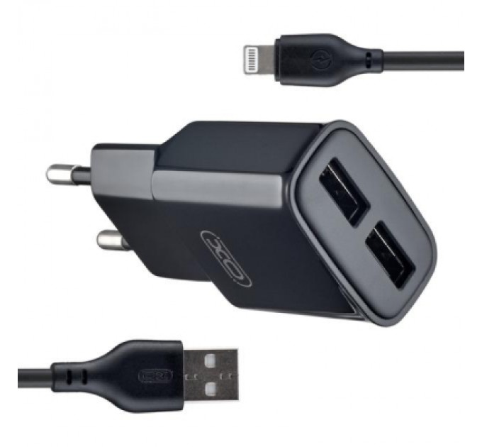 XO Зарядний пристрій XO L92C (2USB/2.4A) + USB - Lightning Чорний (XO-L92C-L)