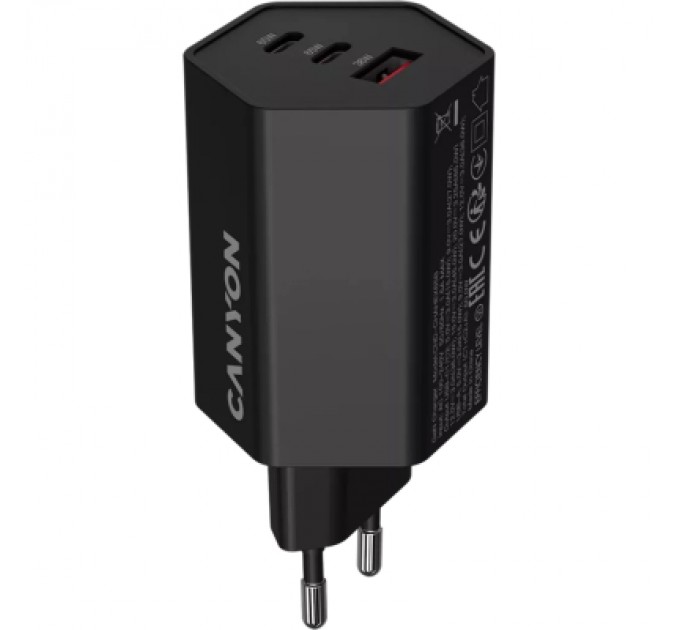 Canyon Зарядний пристрій Canyon HEXAGON 65 GaN 65W 2xPD 1xQC EU Black (CND-CHAHEX65B)